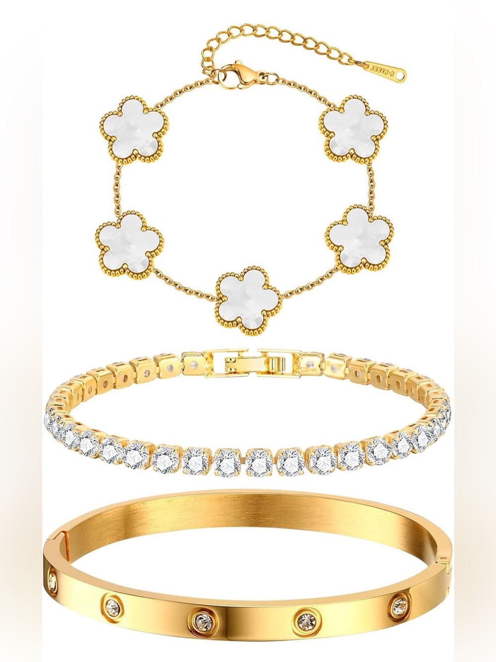 3pc Trendy 18k Gold Plated Bracelets Clover Stackable Stainless Steel - Picture 2 of 4
